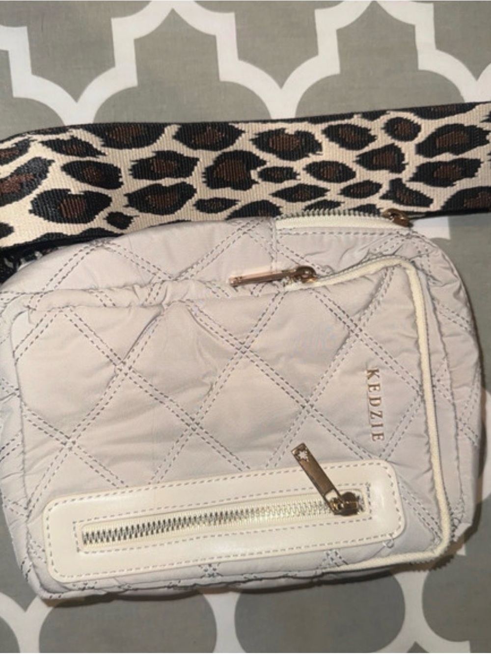 Kedzie Quilted Crossbody Bag in Light Beige with Leopard Strap